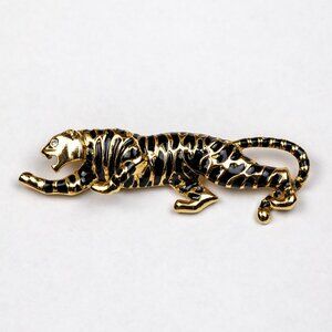 Vintage Gold Tone Black Enamel Tiger Brooch Rhinestone Eye